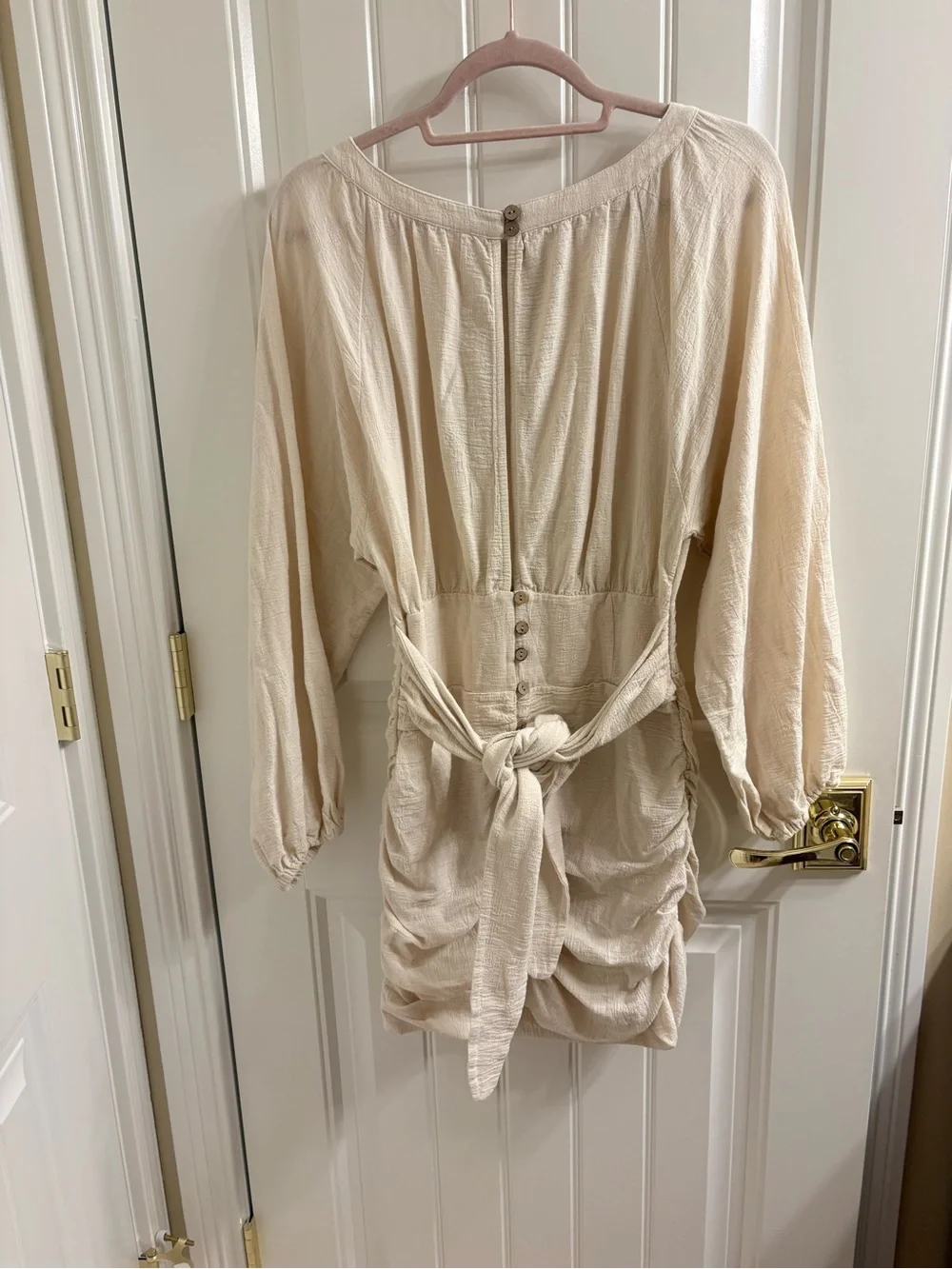 Free People The Only One Mini Dress Cream Gauze Beachy Long Sleeve Tie Waist S